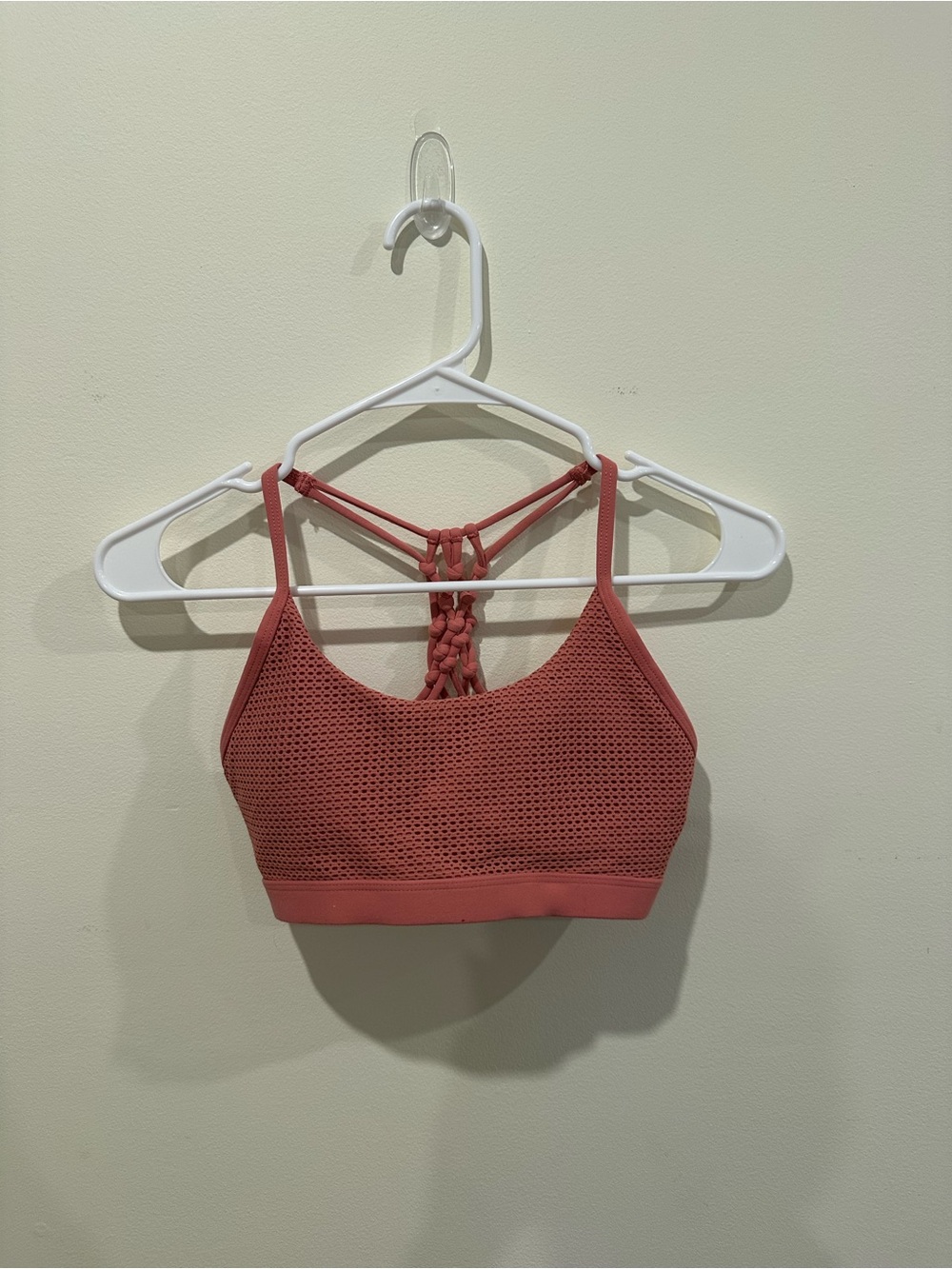 Lorna Jane Dusty Rose Ribbed Mesh Macramé Back Sports Bralette